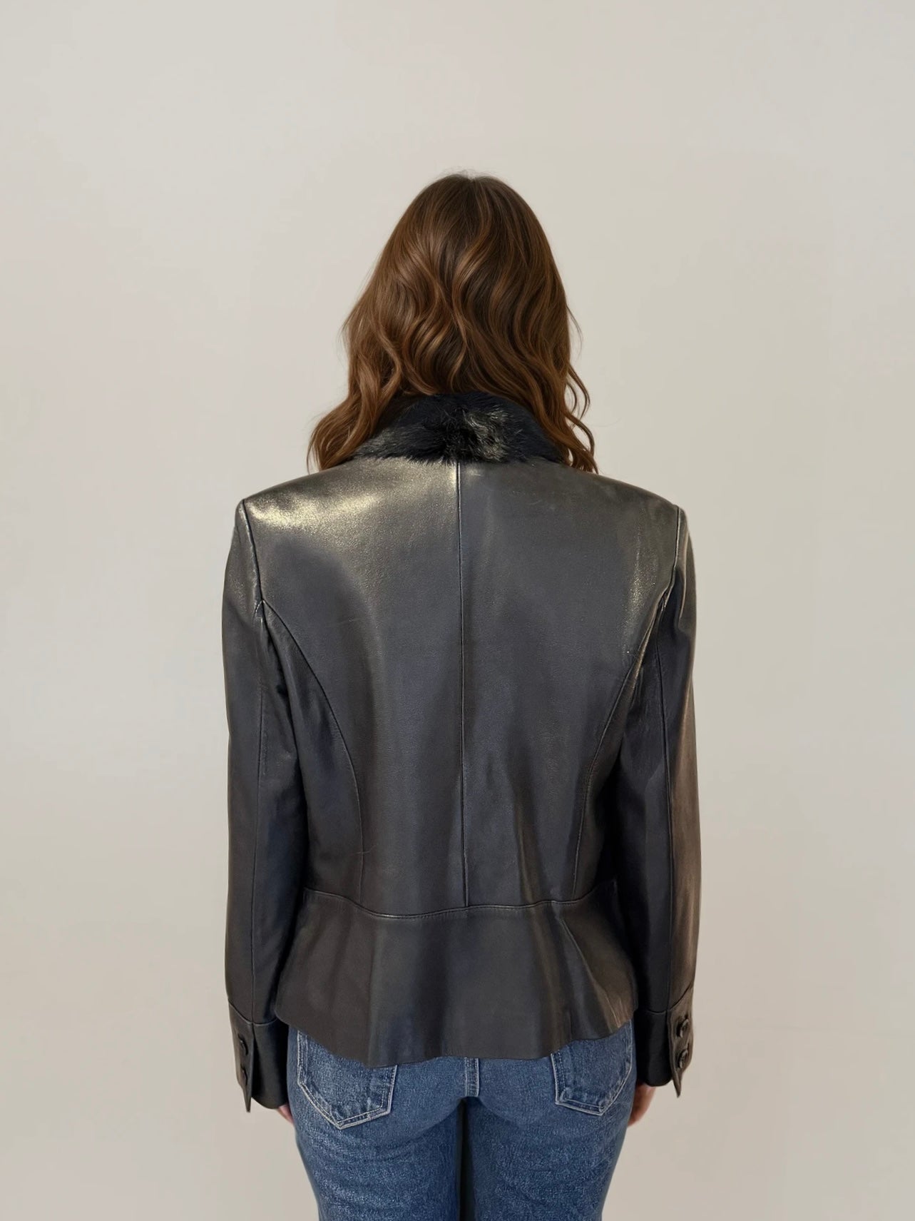 Black Leather Fur Collar Blazer