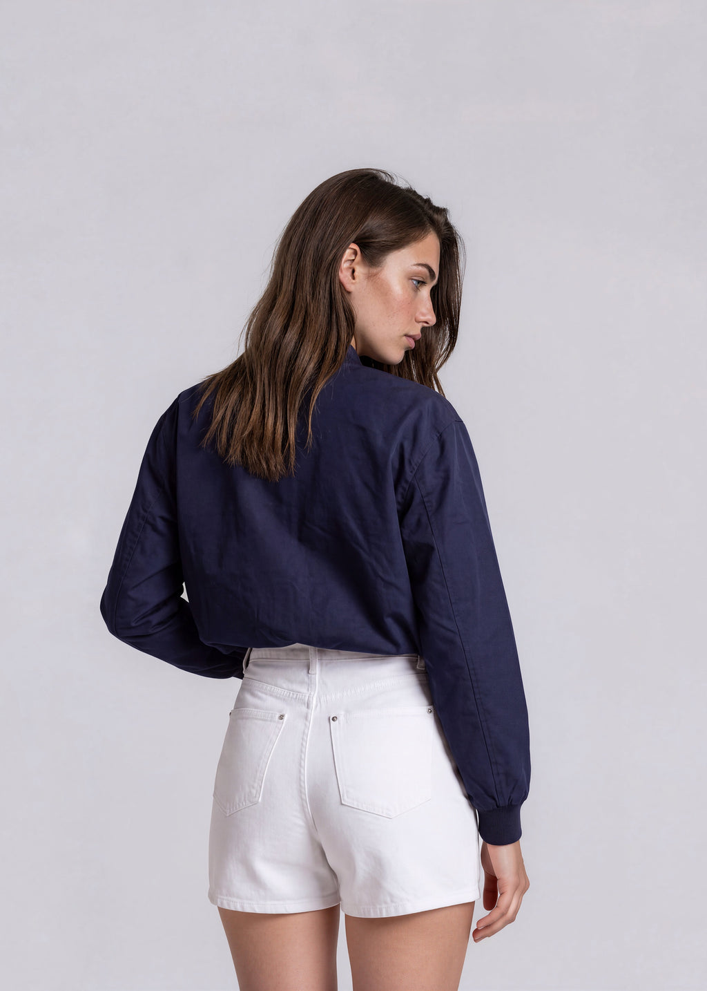 YSL Navy Knit Collared Bomber with Cream Logo