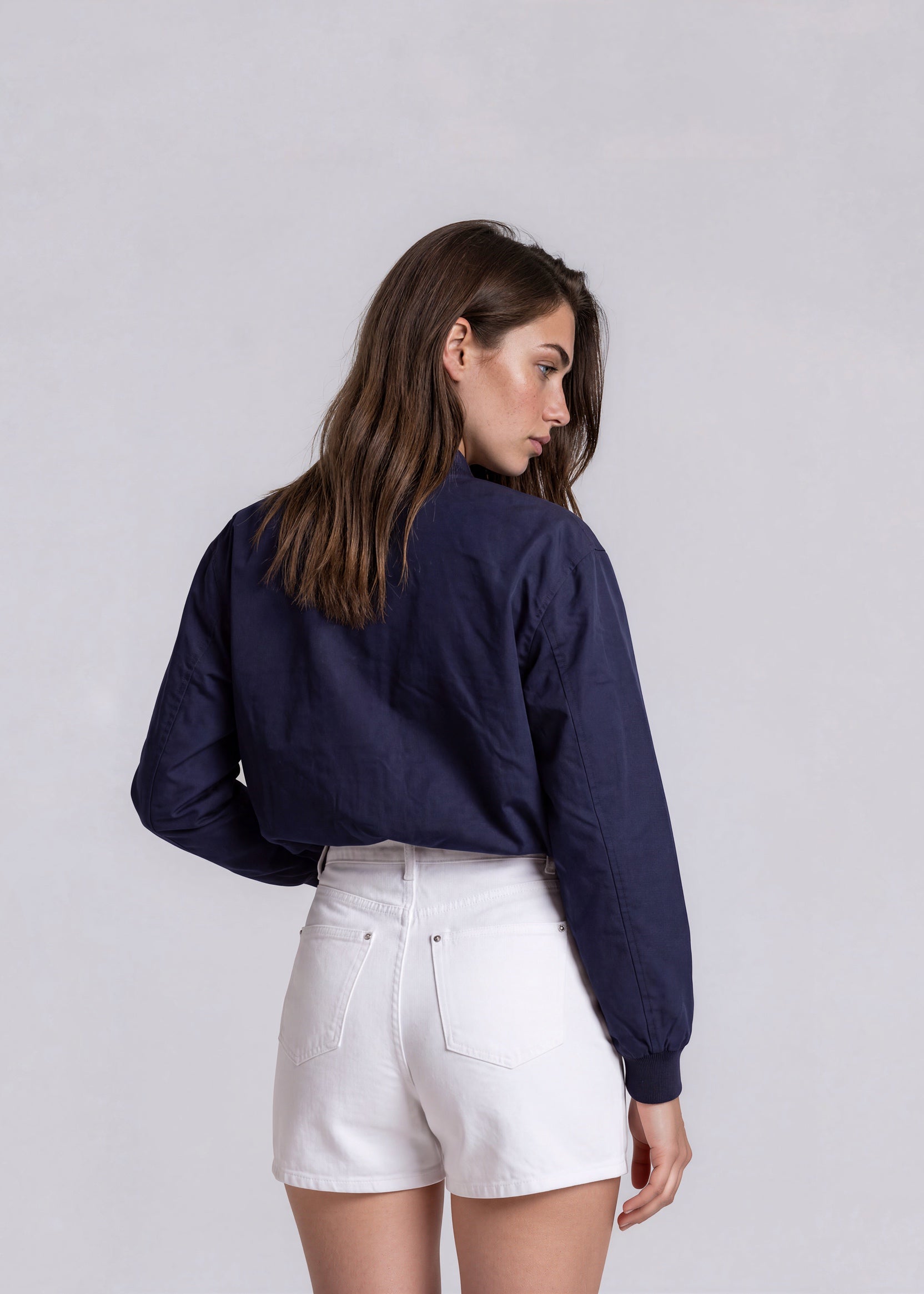 YSL Navy Knit Collared Bomber with Cream Logo