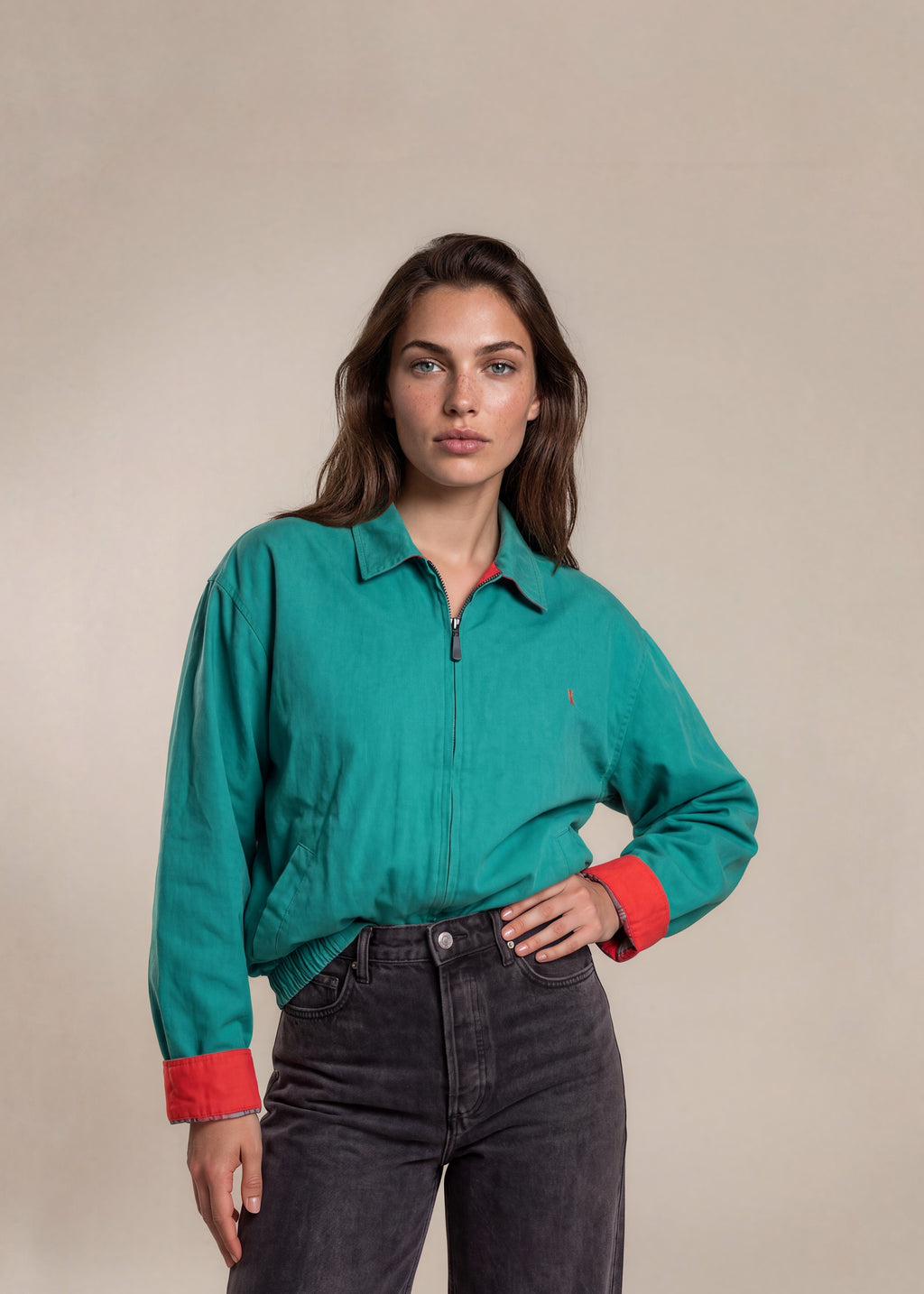 YSL Teal Classic Collared Bomber with Orange Trim