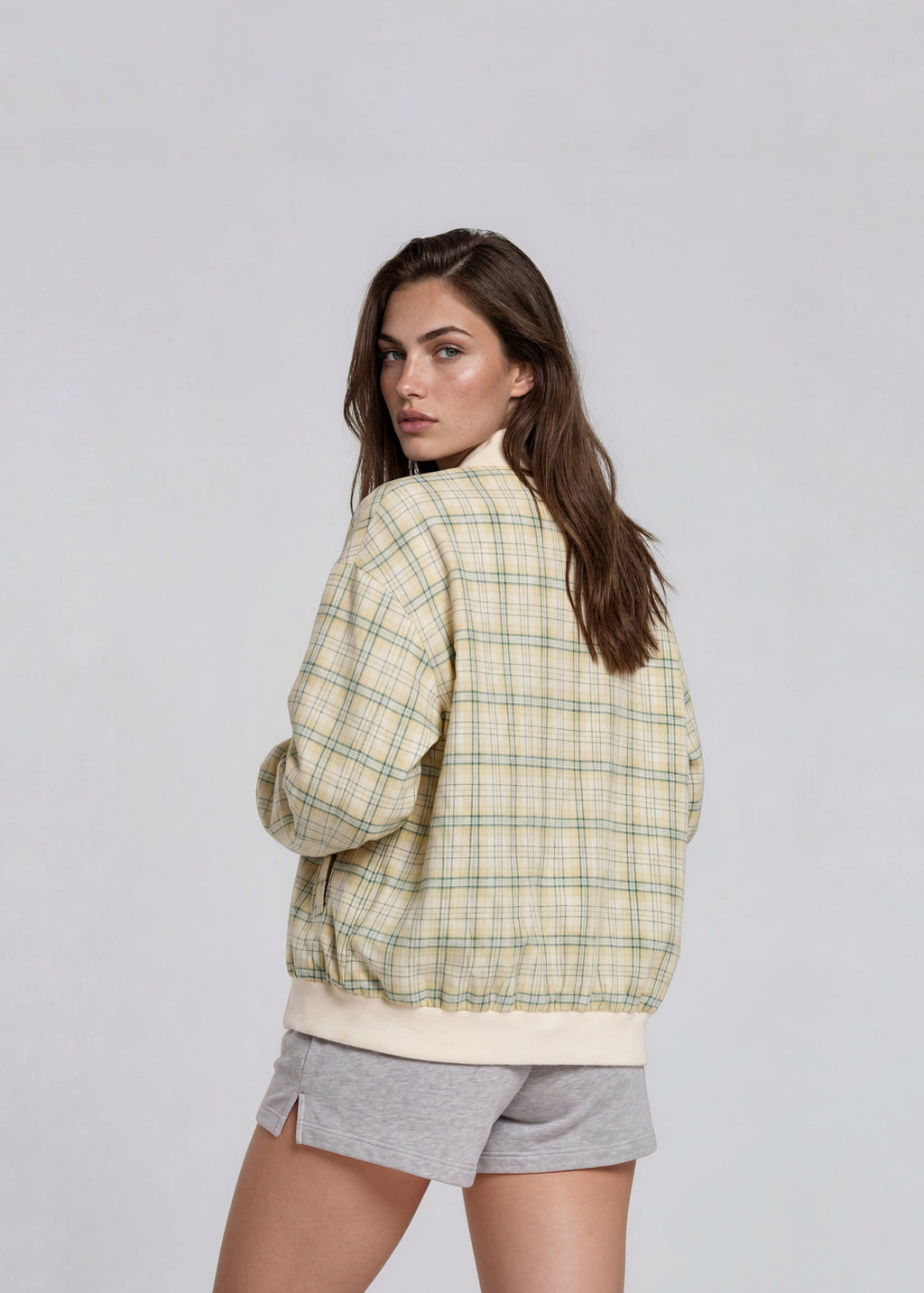 YSL Pale Yellow Plaid Knit Collar Bomber