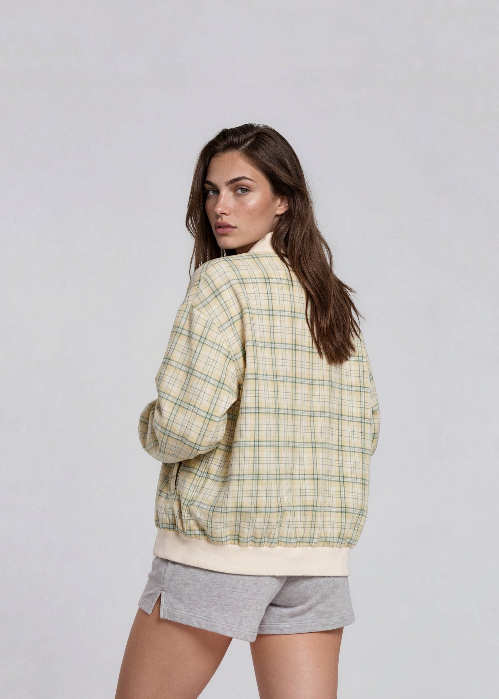 YSL Pale Yellow Plaid Knit Collar Bomber