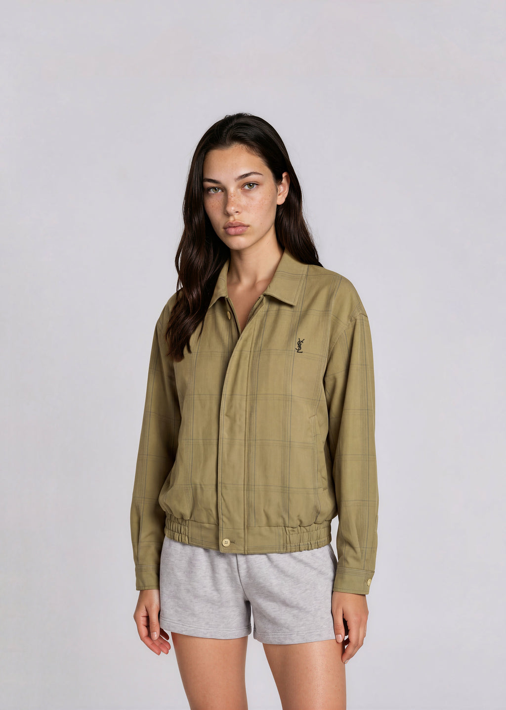 YSL Green Plaid Collared Bomber