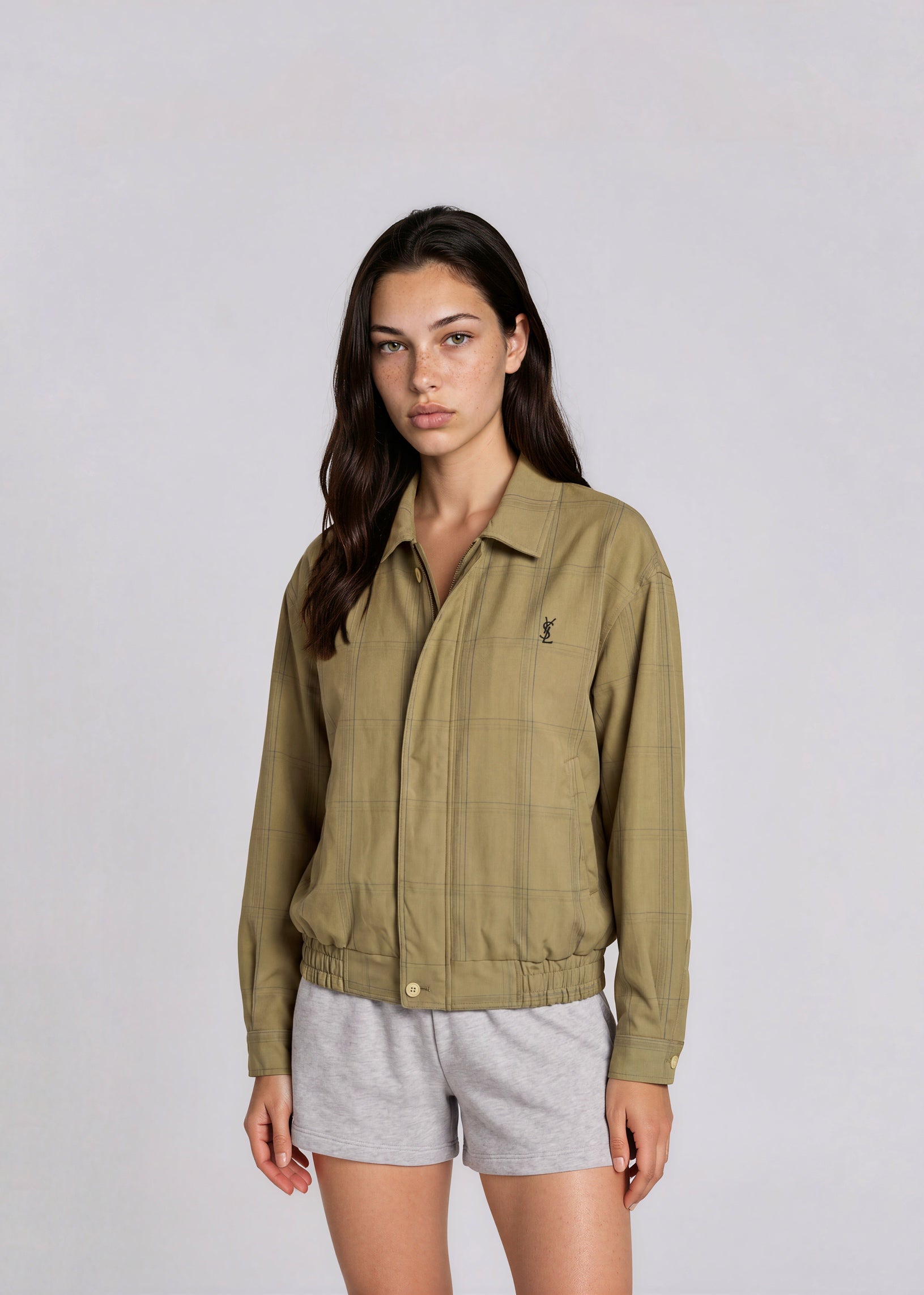 YSL Green Plaid Collared Bomber