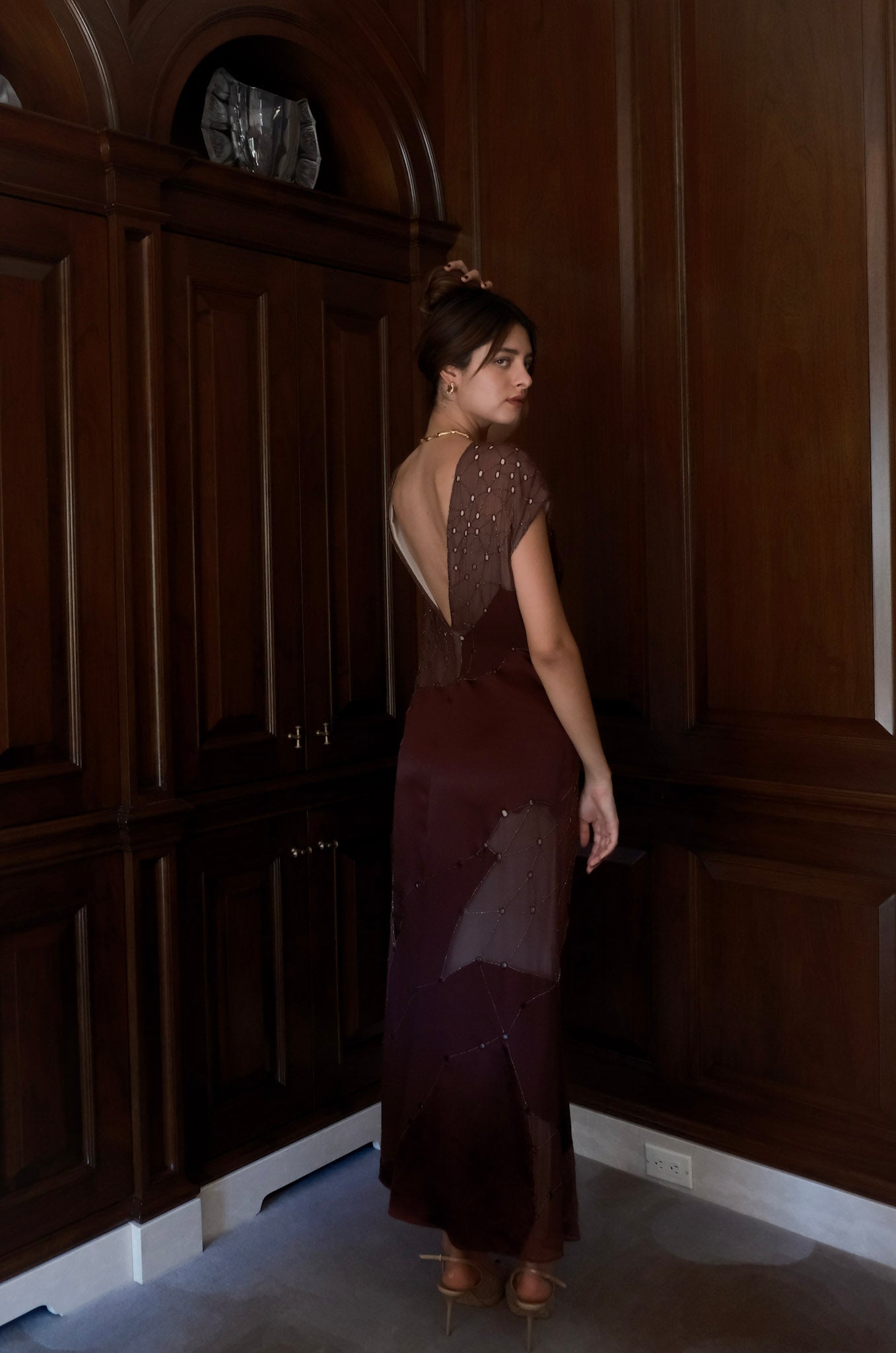 Beaded Patchwork V Neck Dress