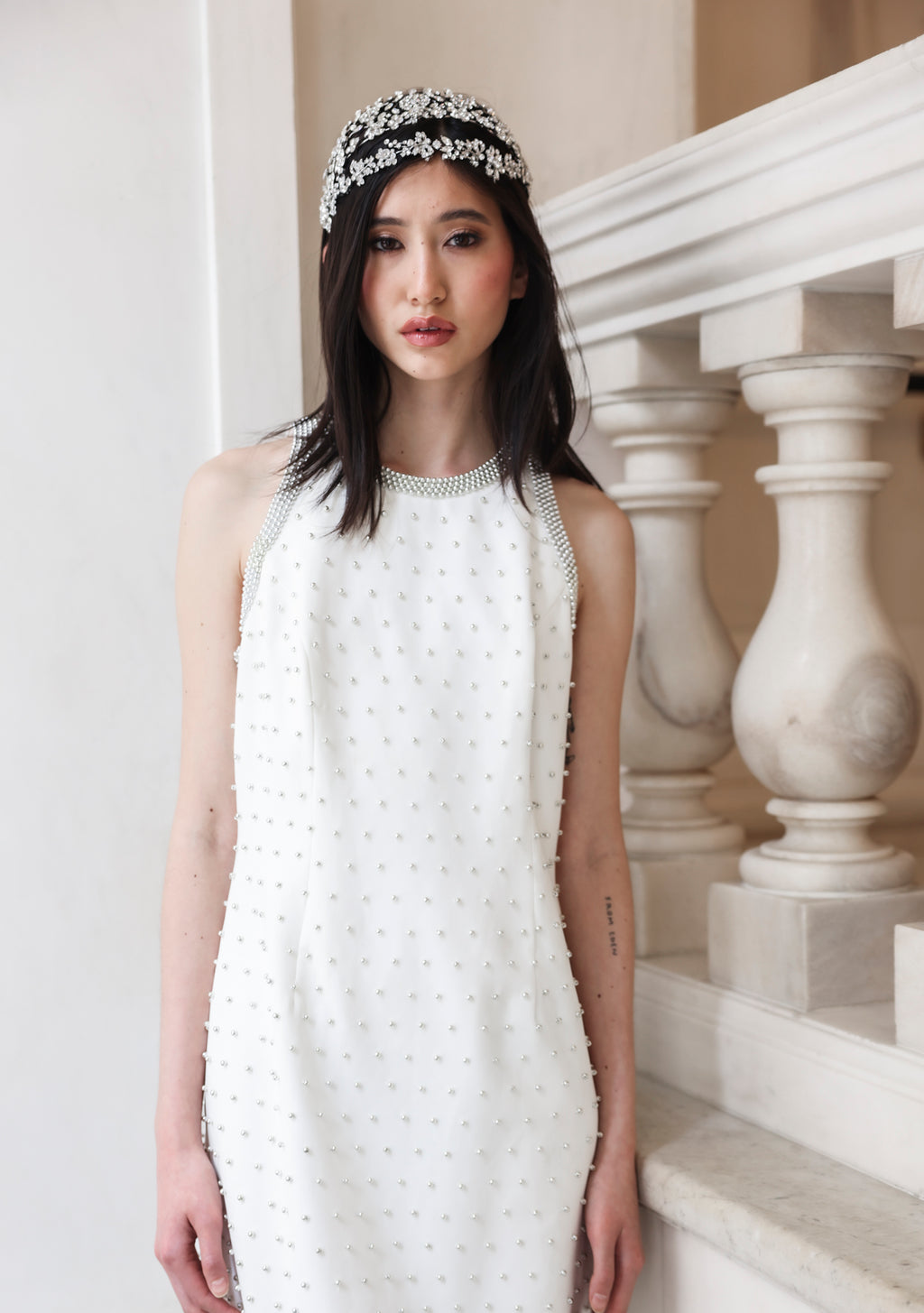 White Studded Halter Mini Dress