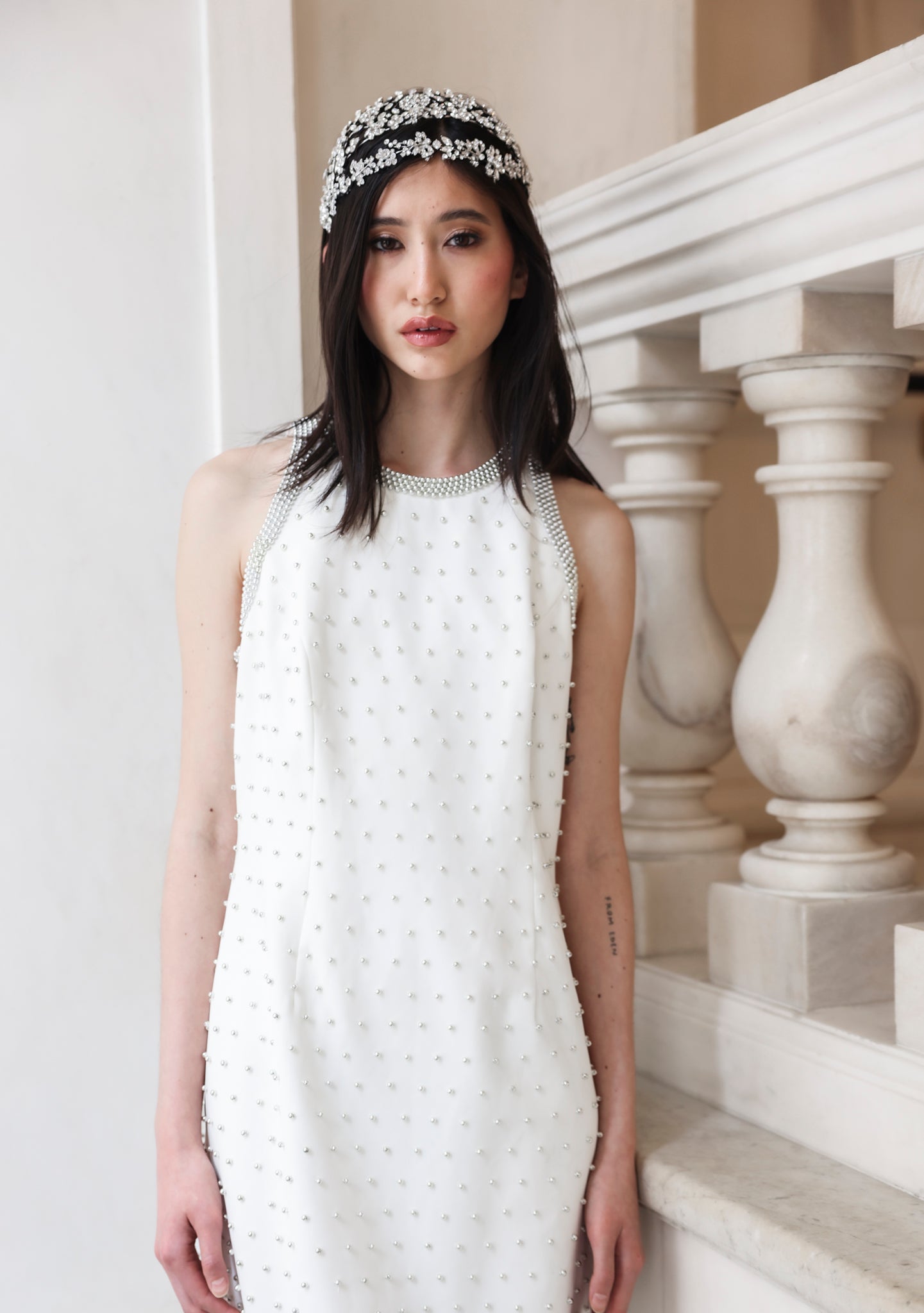 White Studded Halter Mini Dress
