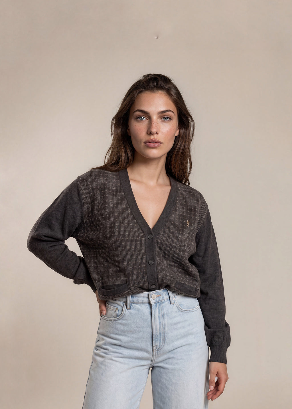 YSL Dark Checkered Button Cardigan with Tan Logo