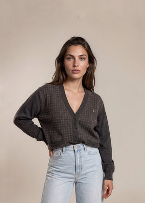 YSL Dark Checkered Button Cardigan with Tan Logo