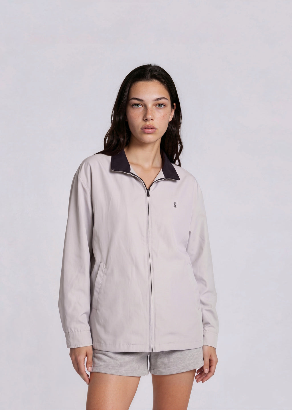 YSL Light Grey Windbreaker Bomber with Navy Logo