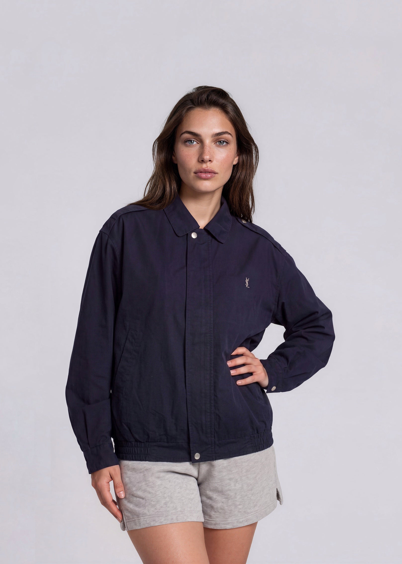 YSL Navy Collared Snap Shoulder Bomber