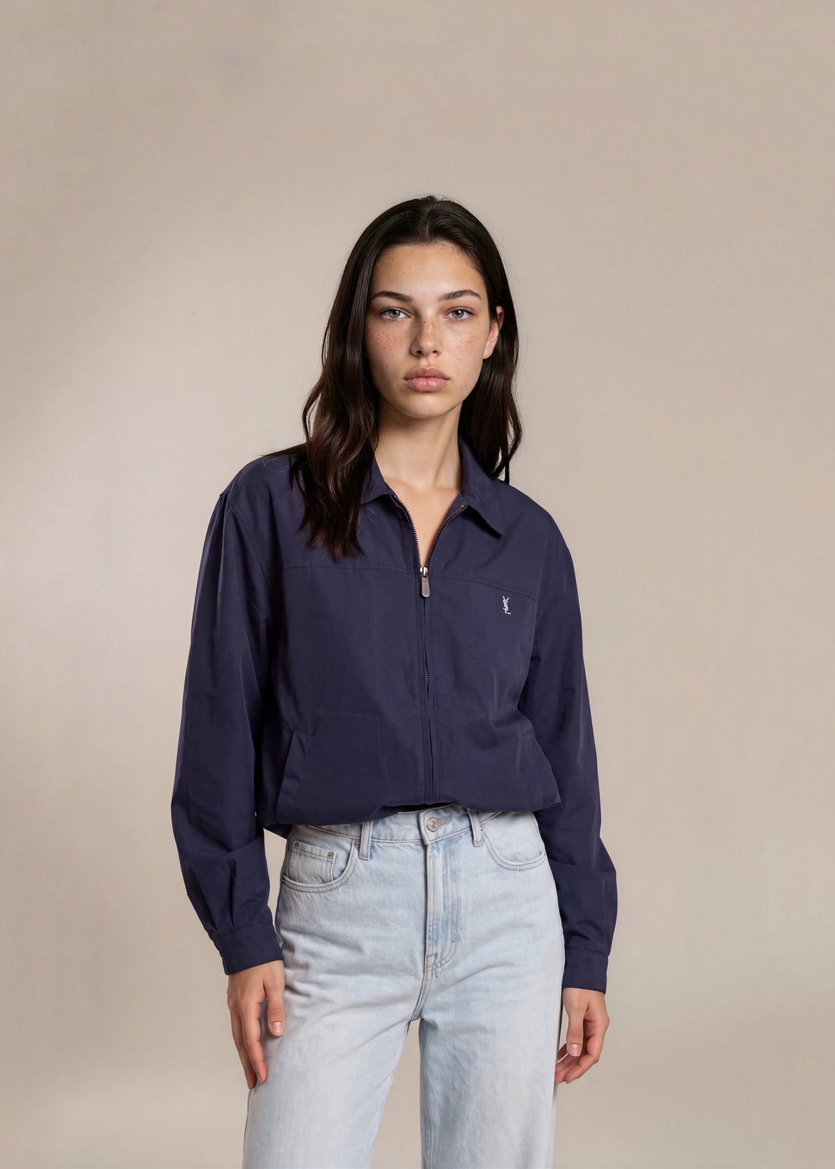YSL Navy Solid Classic Collared Bomber with White Logo