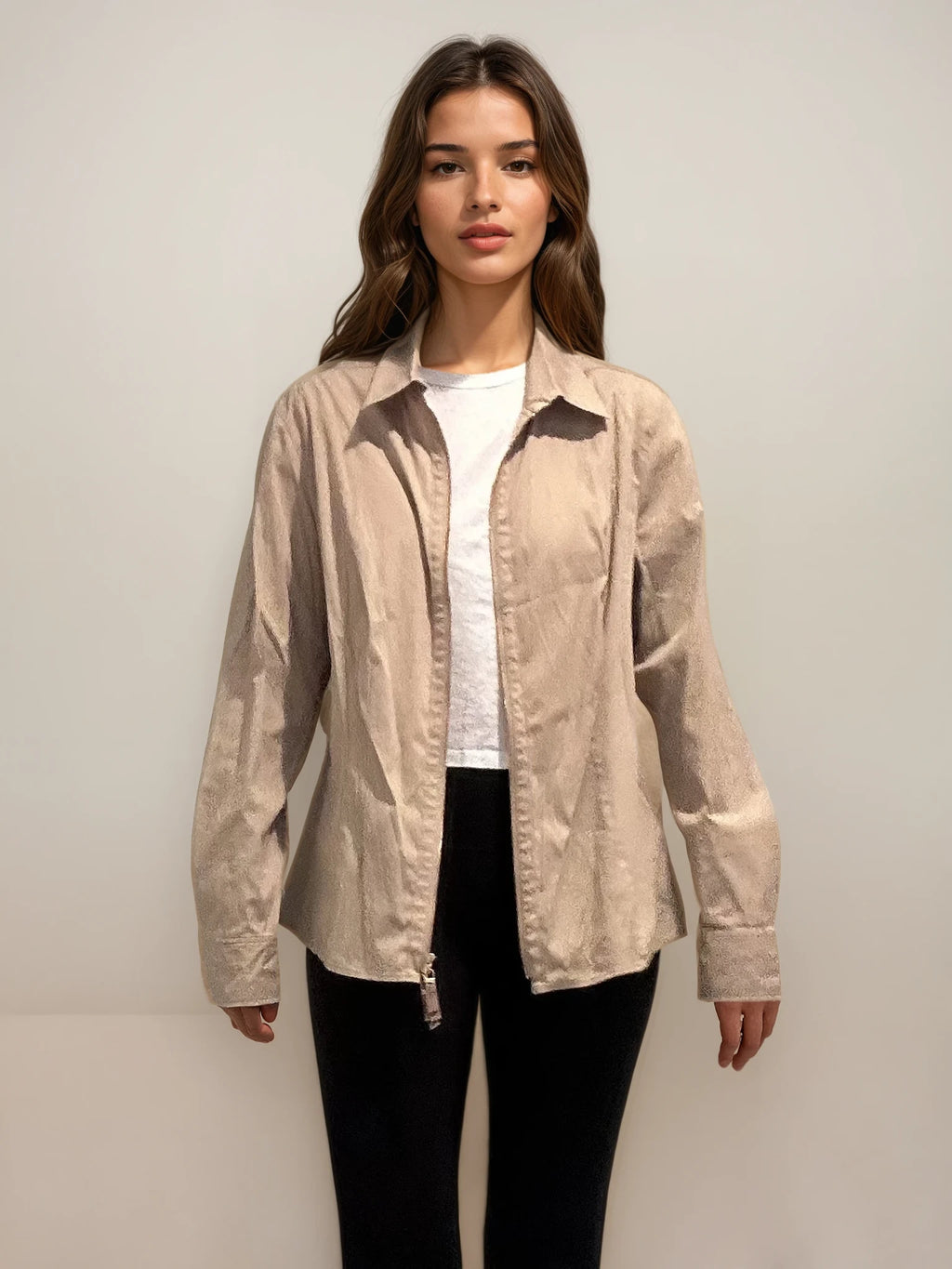 Escada Tan Zip Button Down
