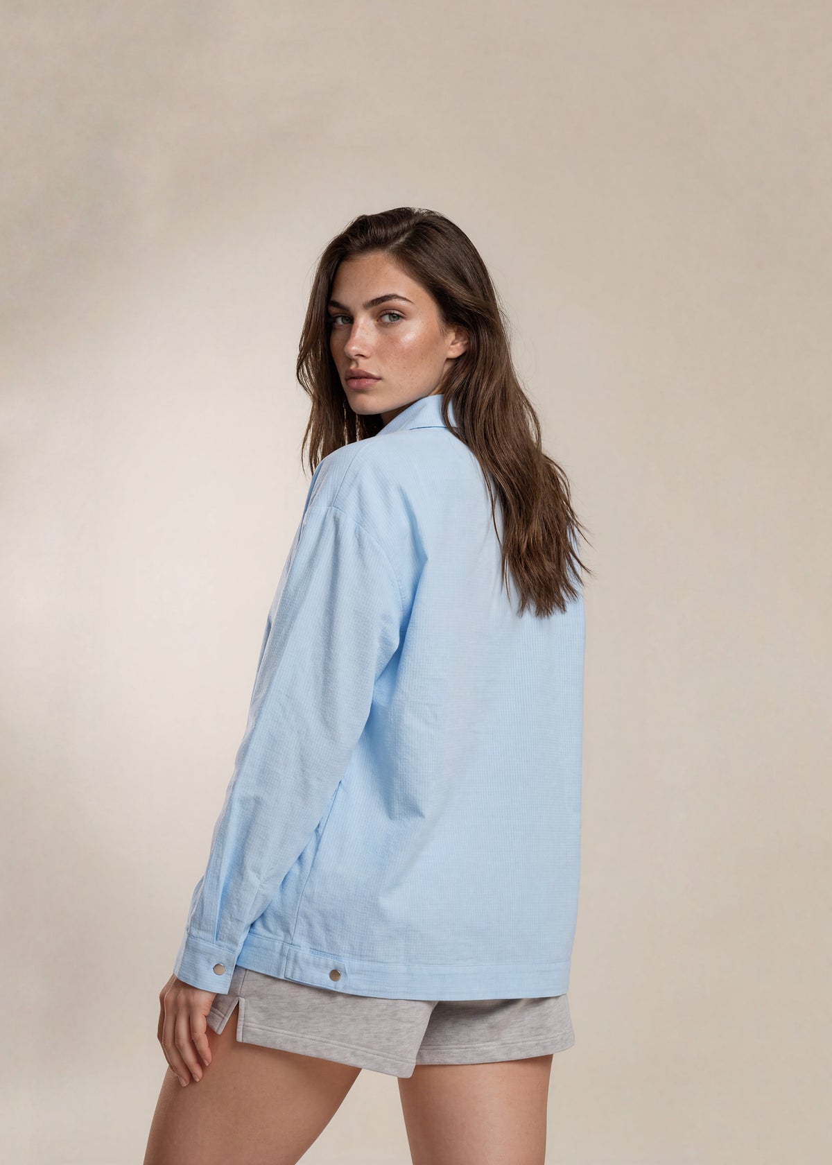 YSL Baby Blue Classic Collared Bomber with Navy Logo