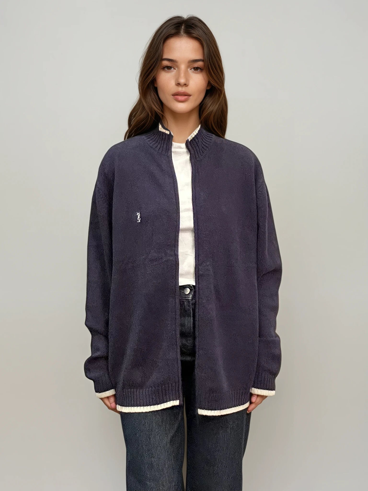 YSL Navy Zip Cardigan