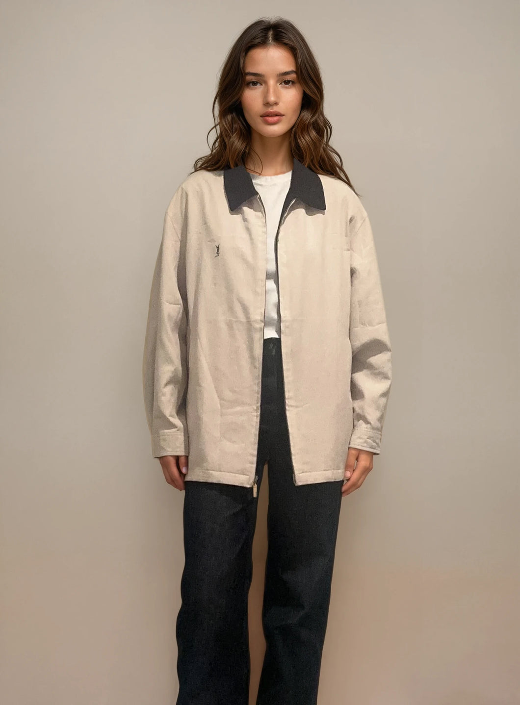 YSL Cream Bomber With Black Collar
