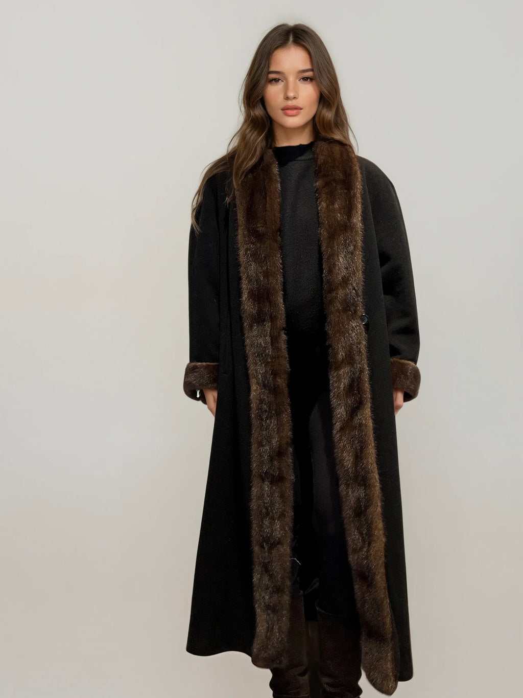 Black and Brown Wool and Mink Coat