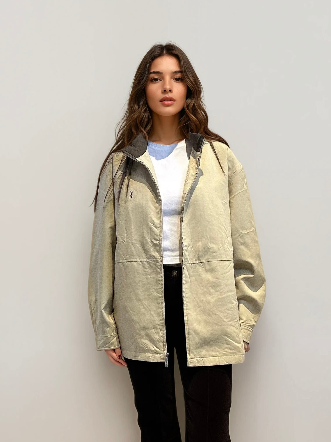 YSL Cream and Brown Hooded Bomber