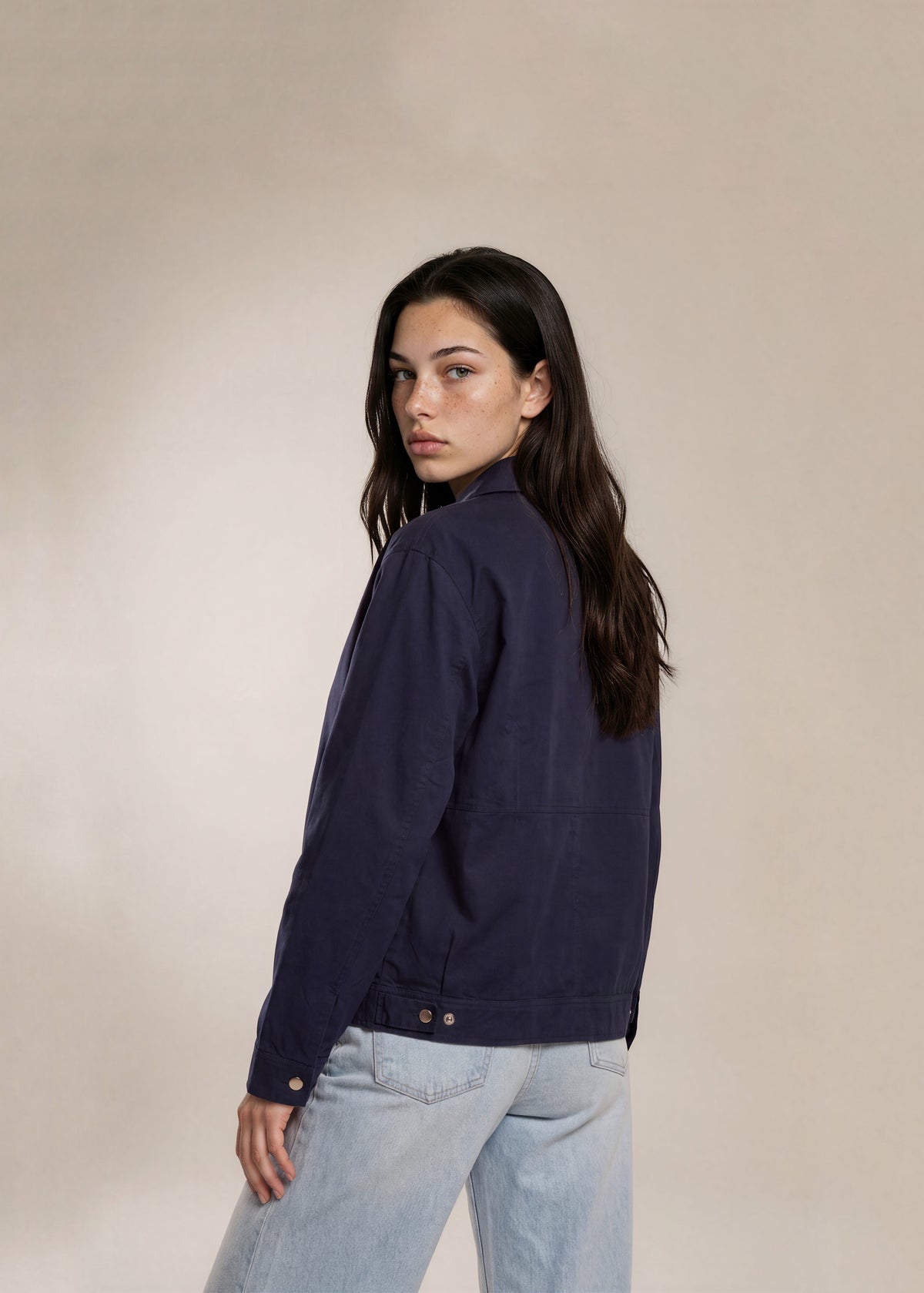 YSL Navy Classic Collared Bomber with Striped Pockets