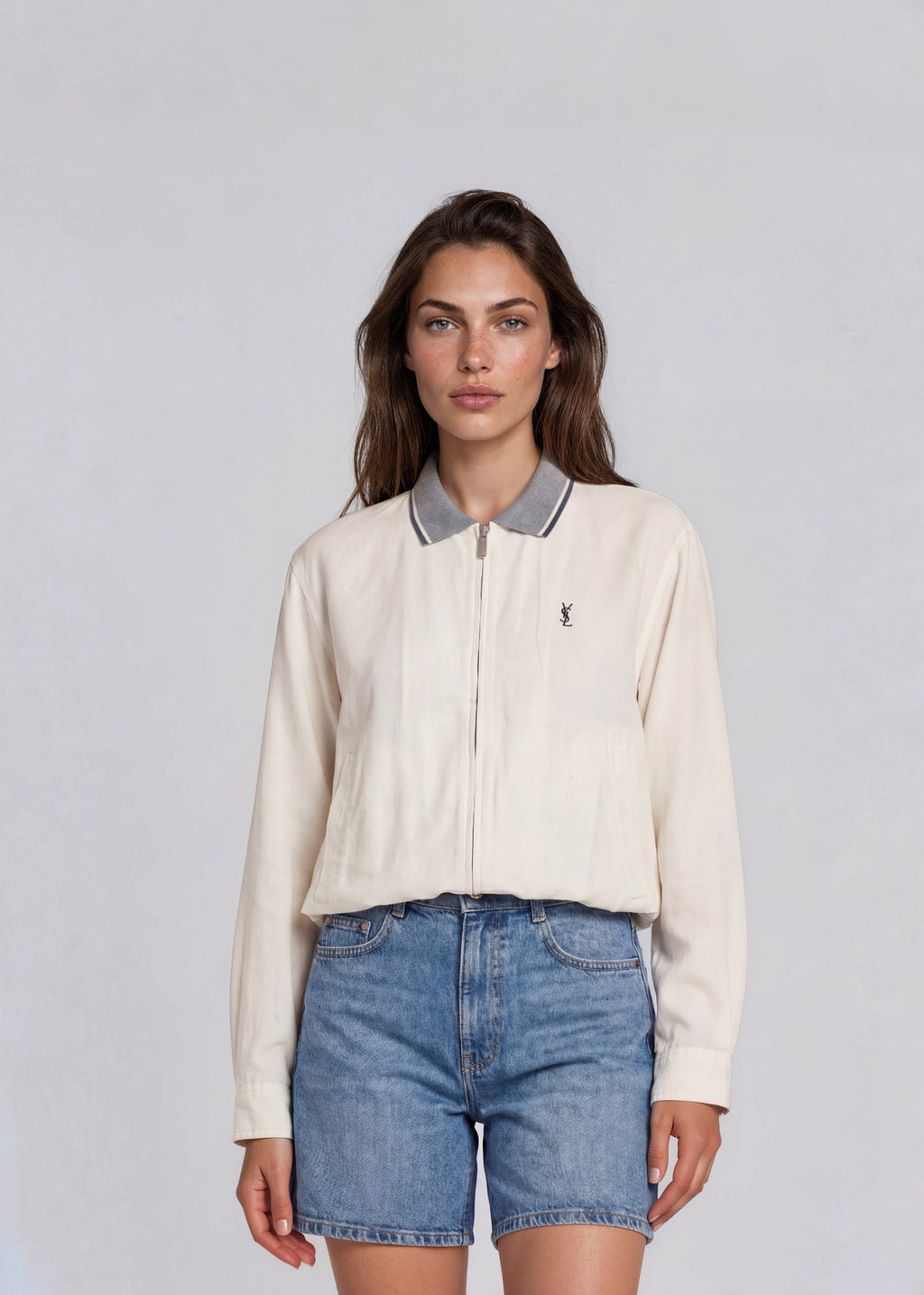 YSL White Bomber with Blue Collar