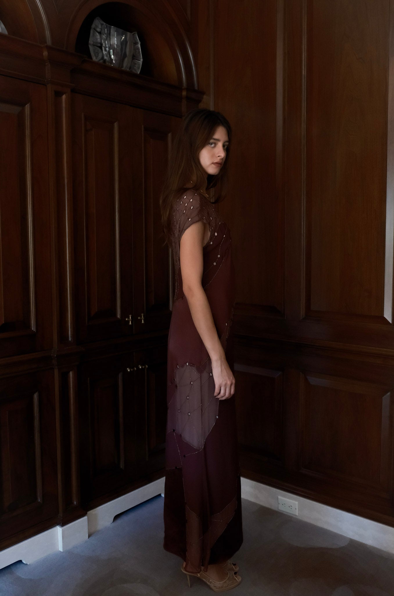 Beaded Patchwork V Neck Dress