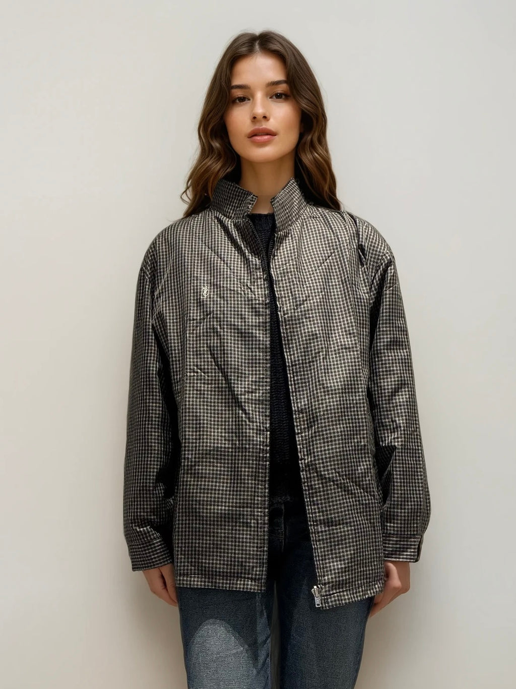 YSL Reversible Checked Navy Bomber with White Logo