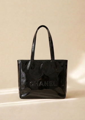 Chanel Black Patent Embossed Logo Tote