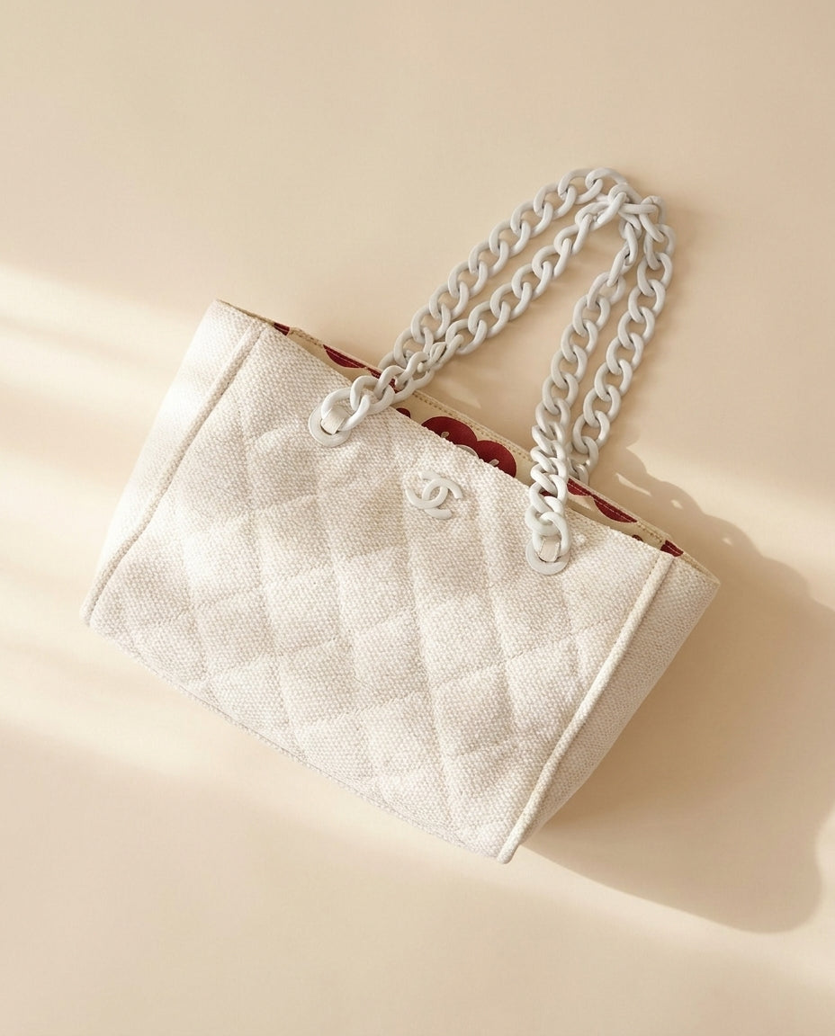 Chanel White Raffia Tote
