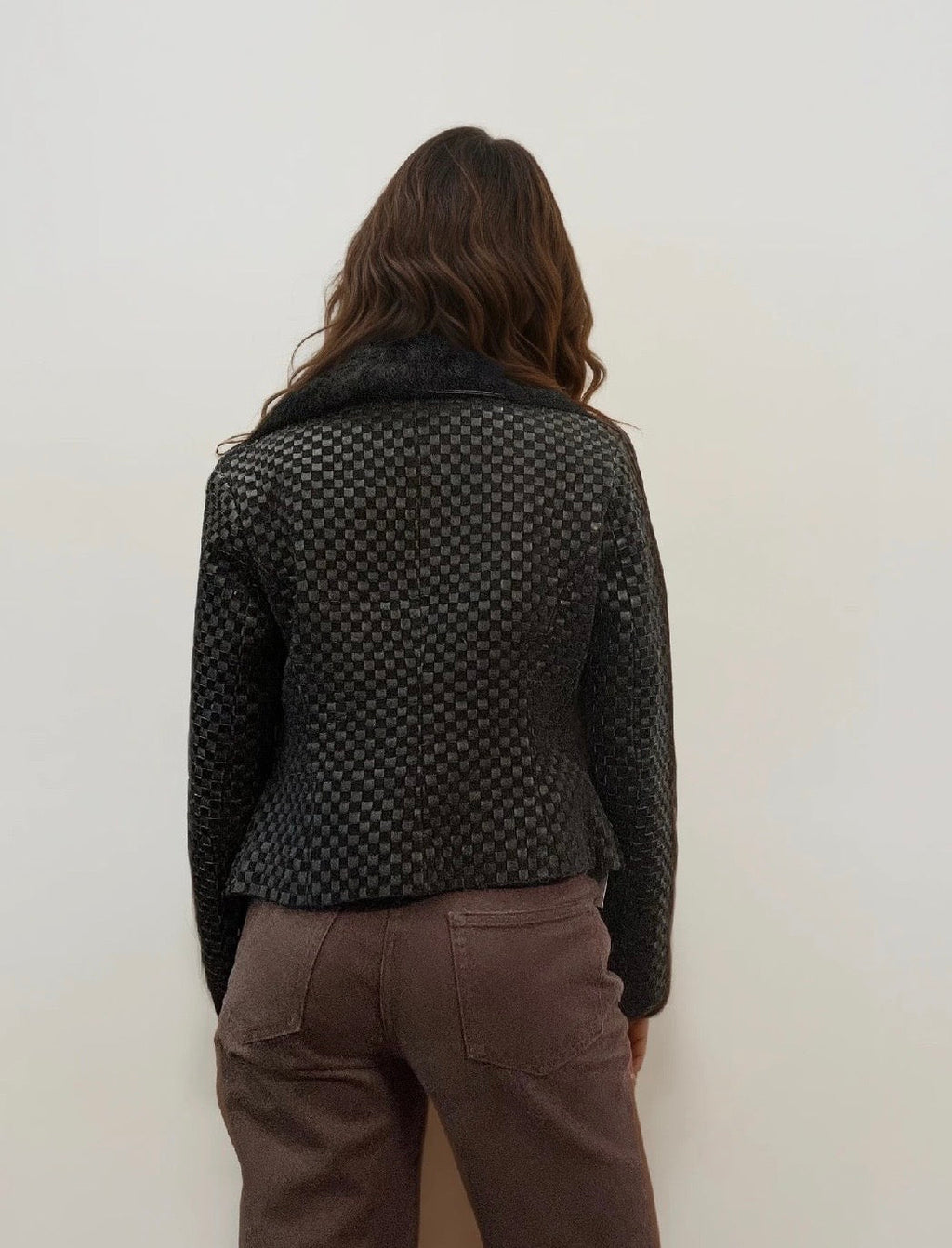 Leather Quilted Short Coat with Removable Fur Collar