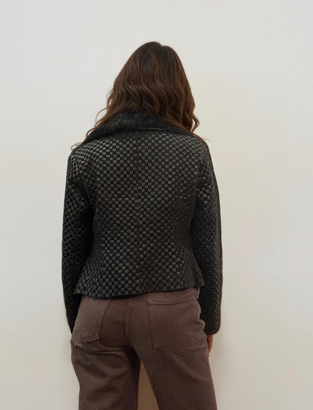 Leather Quilted Short Coat with Removable Fur Collar