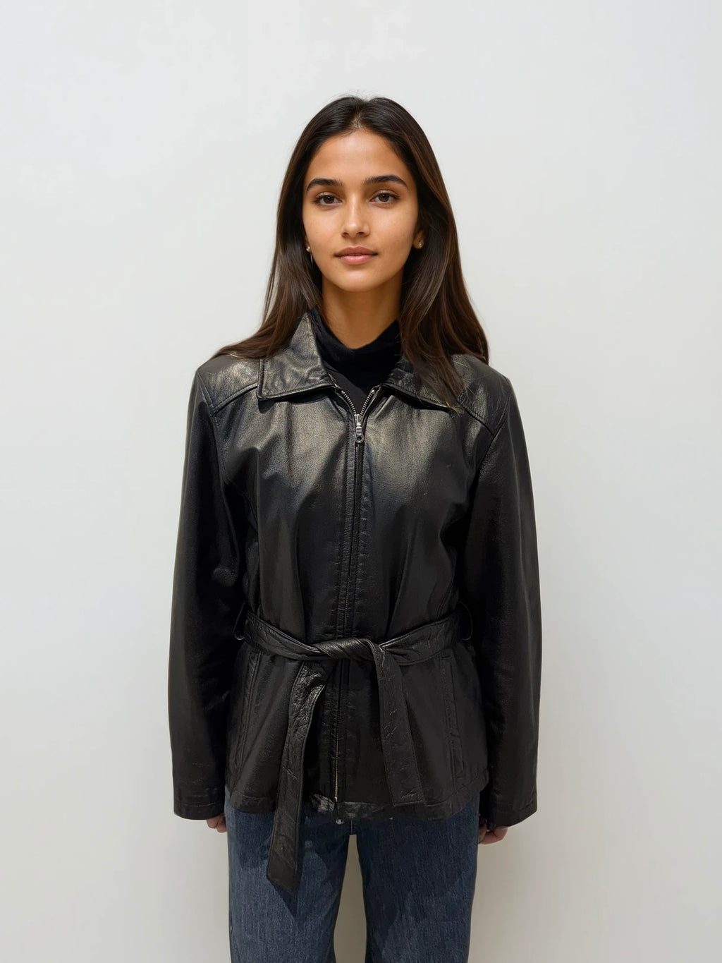 Black Leather Belted Jacket