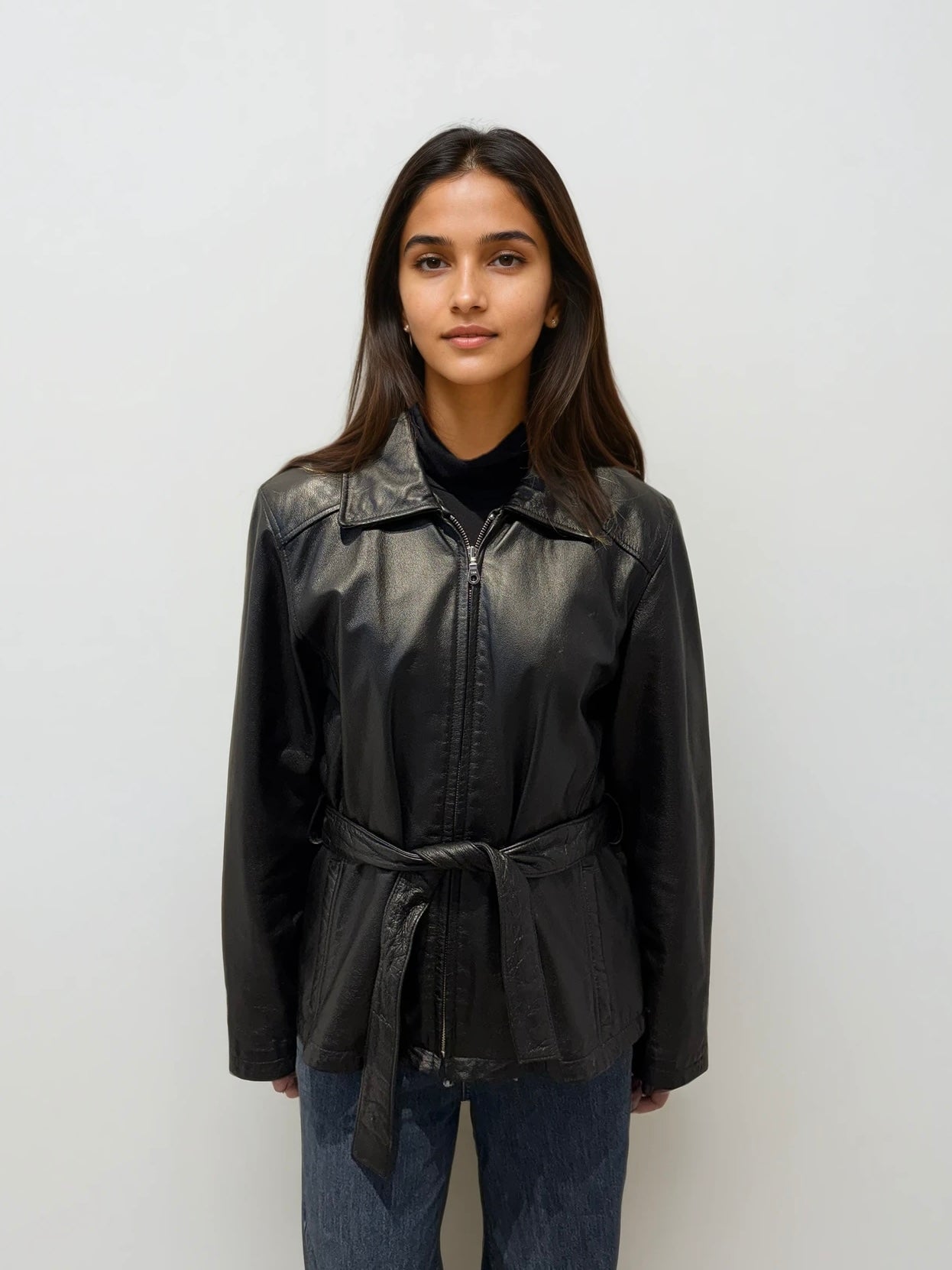 Black Leather Belted Jacket