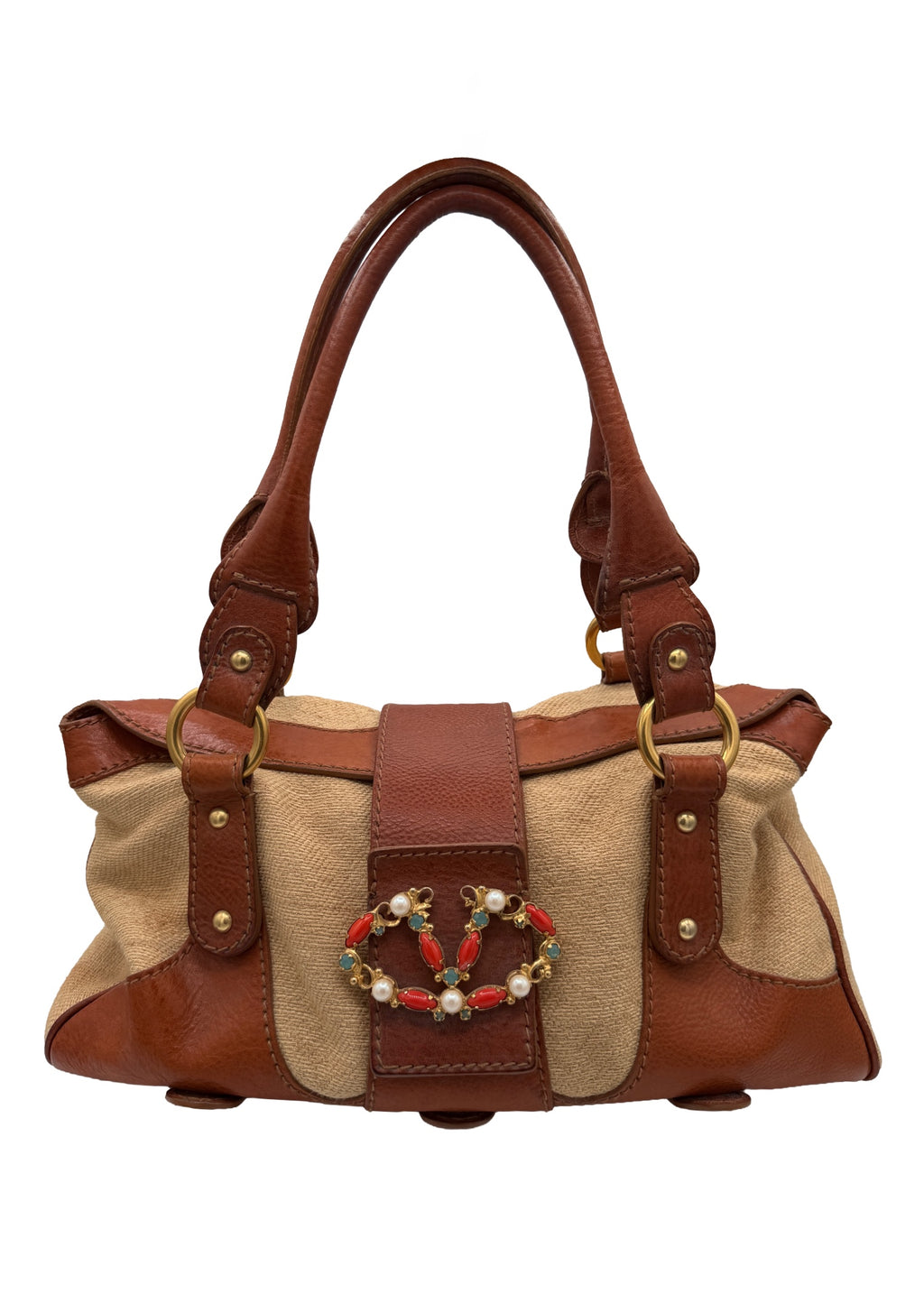 Valentino Tan Leather and Raffia Handbag