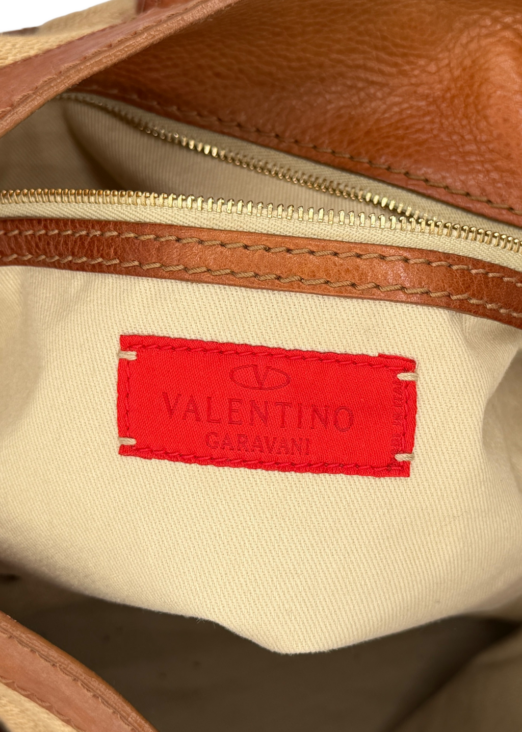 Valentino Tan Leather and Raffia Handbag