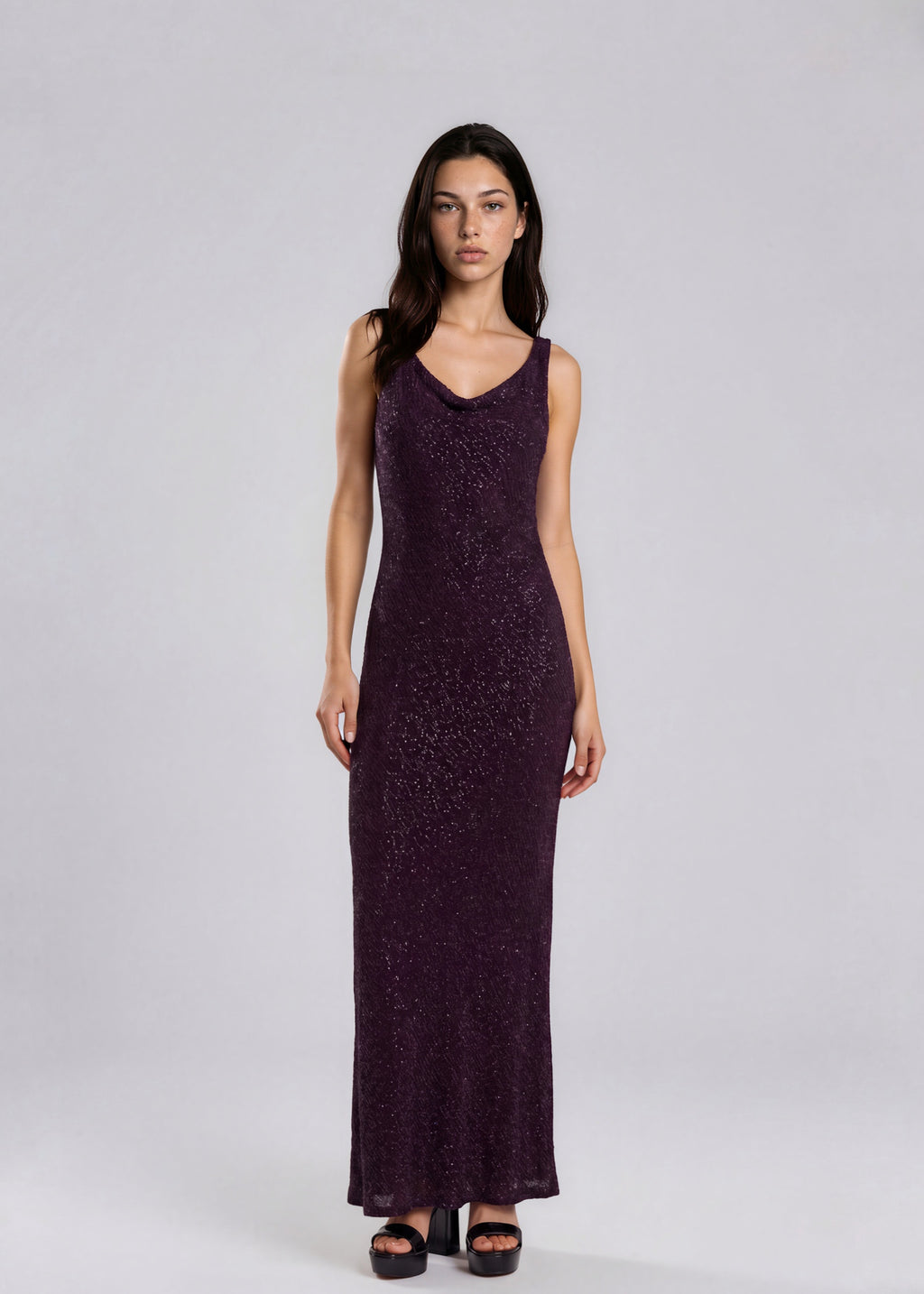 Purple Cowl Neck Embellished Gown