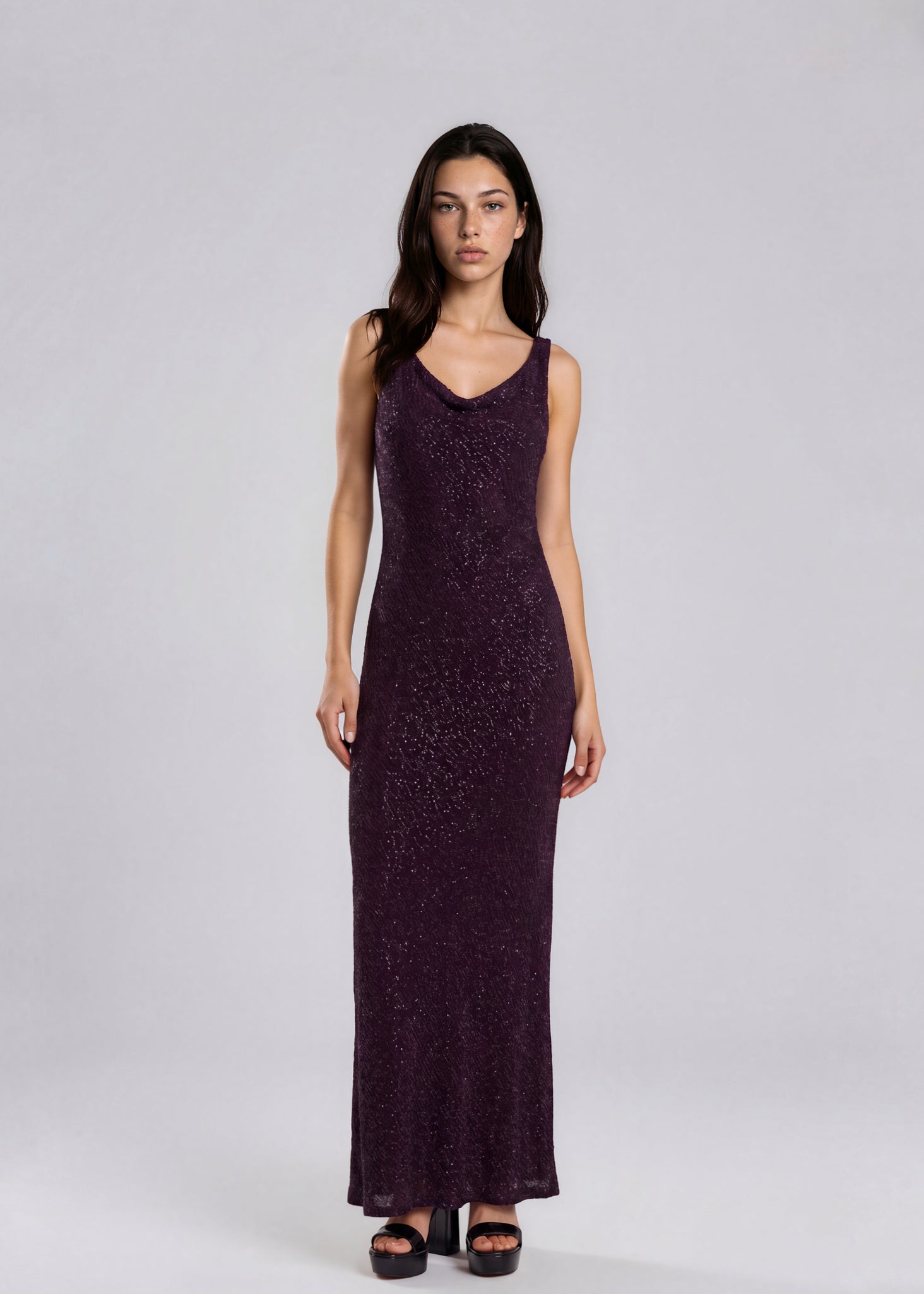 Purple Cowl Neck Embellished Gown