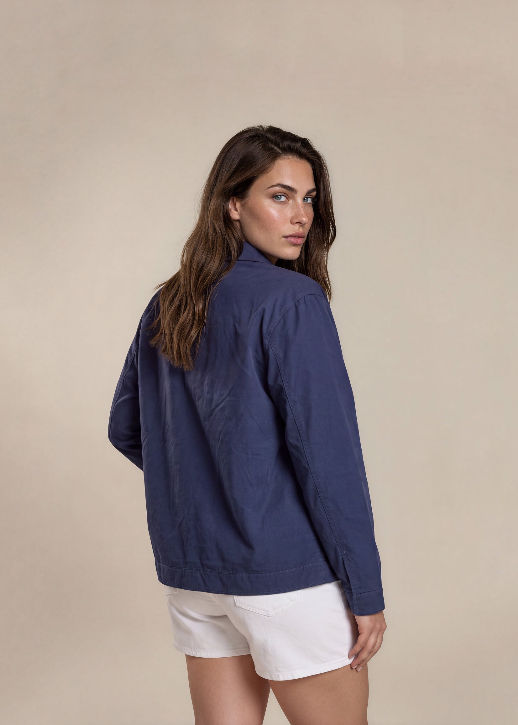 YSL Classic Blue Collared Bomber with White Logo