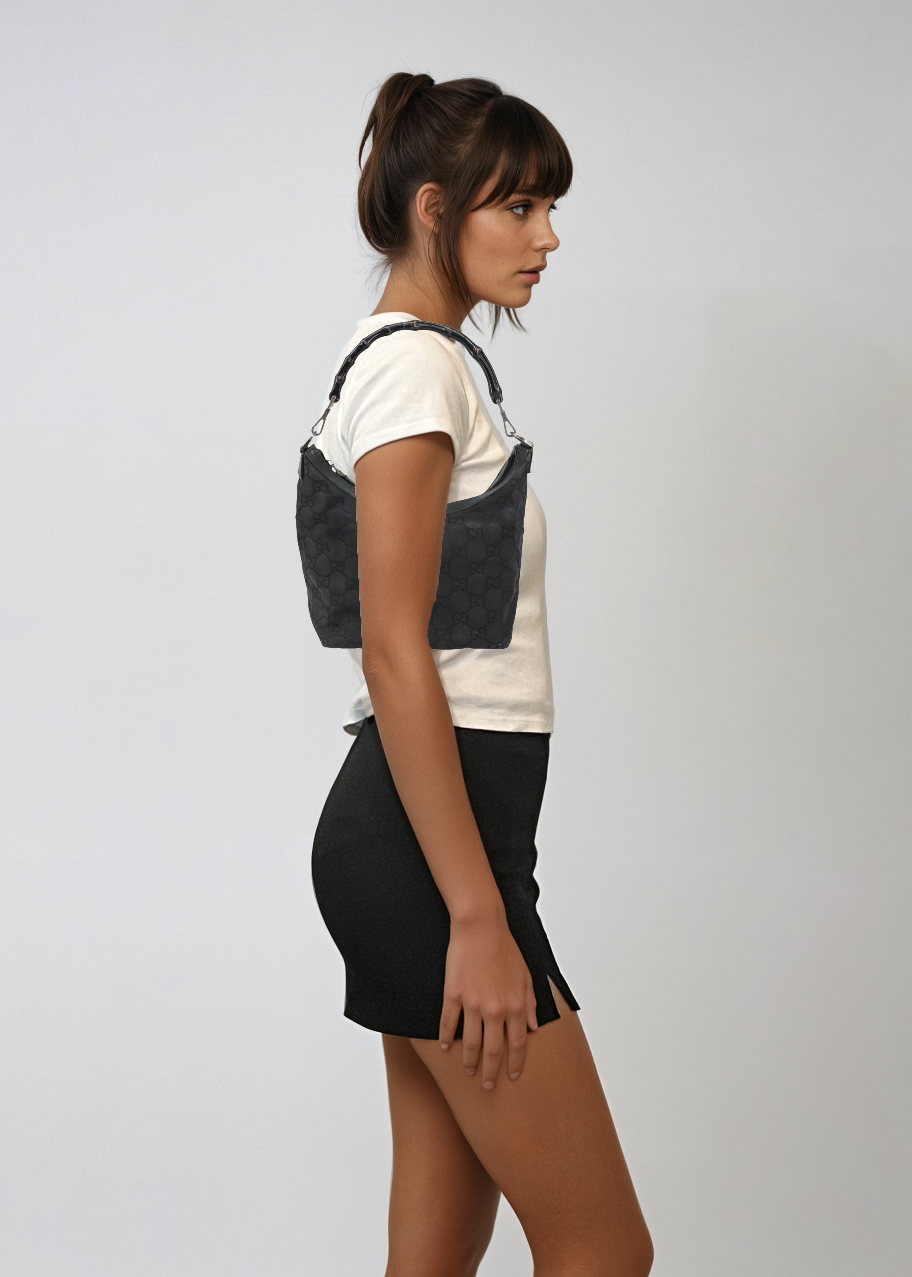 Gucci Black Monogram Bamboo Shoulder Bag