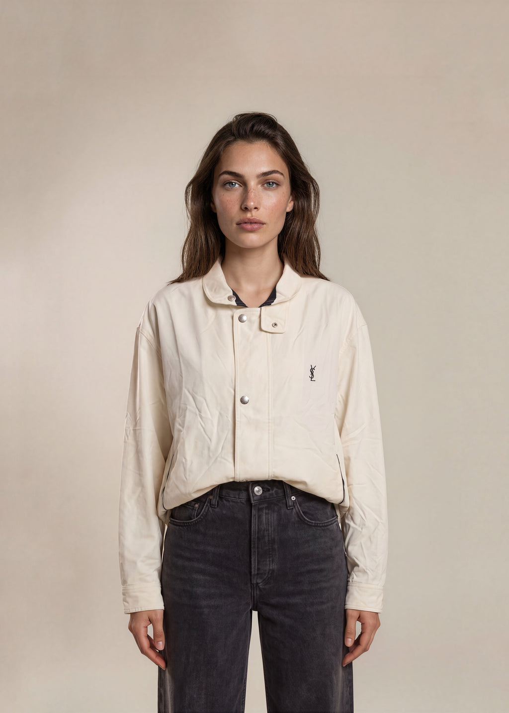 YSL White Windbreaker Bomber with Navy Trim
