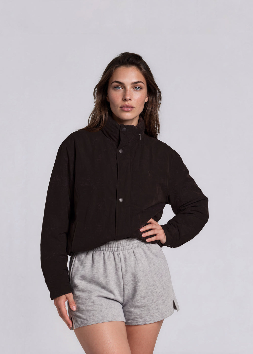 YSL Black Puffer Windbreaker Bomber with Brown Logo