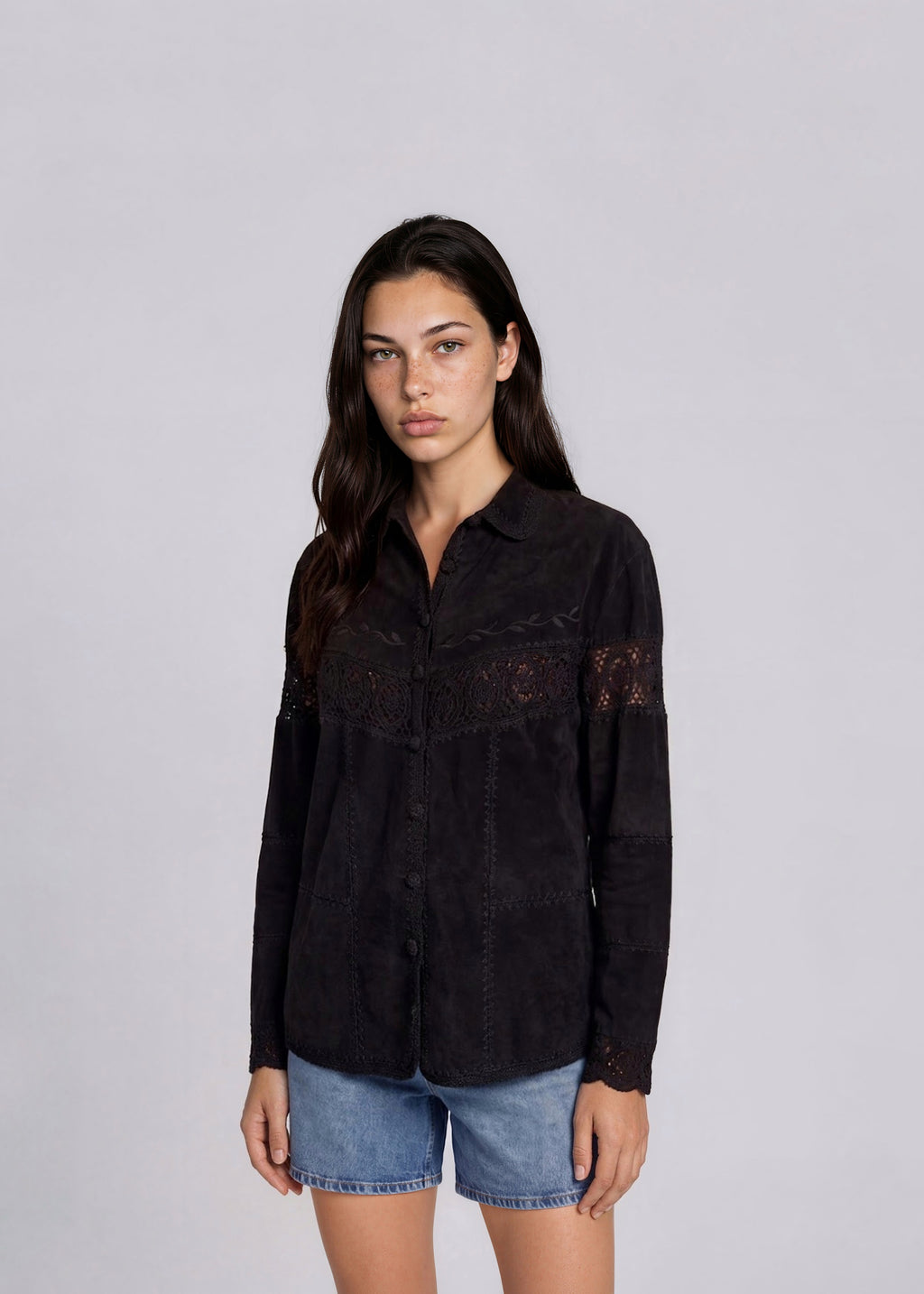 Black Suede Crochet Collared Jacket