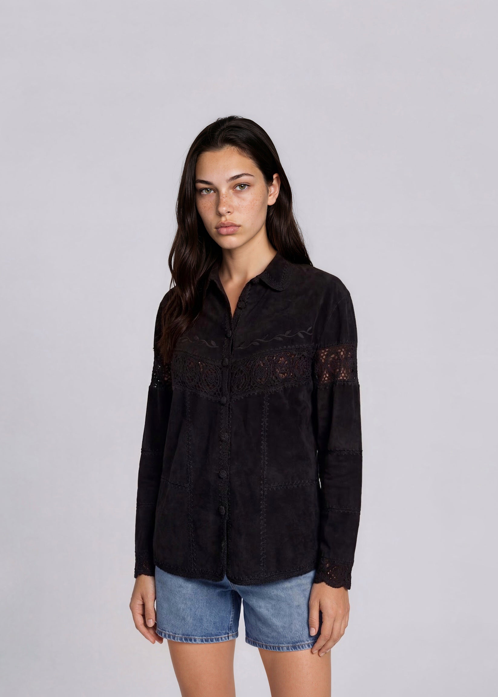 Black Suede Crochet Collared Jacket