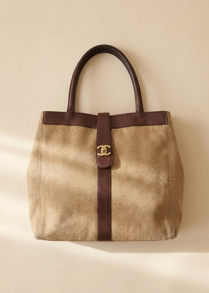 Chanel Brown Leather and Canvas Handbag
