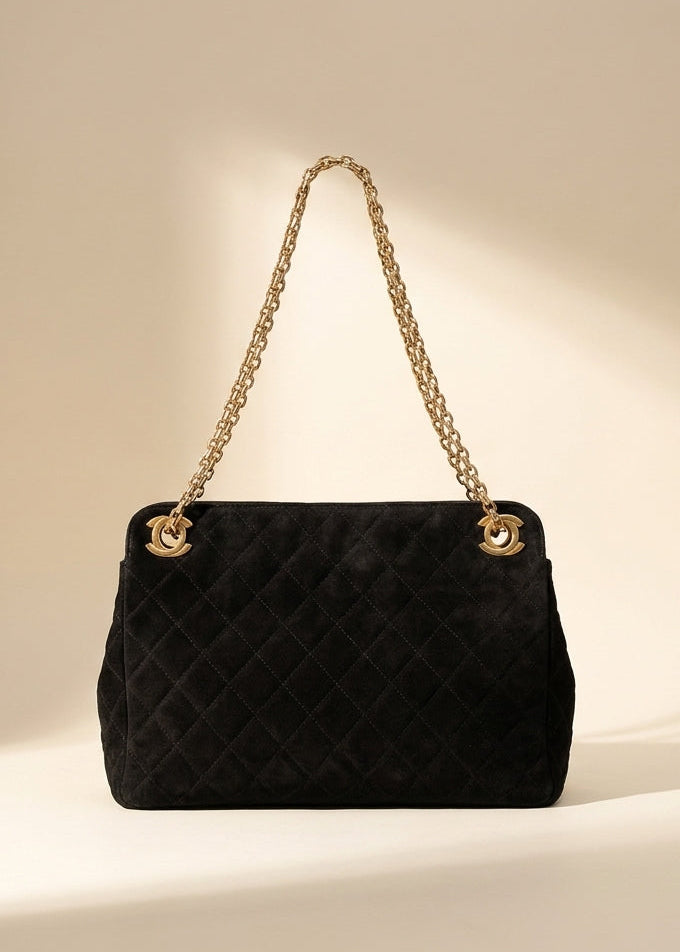 Chanel Black Quilted Suede Handbag