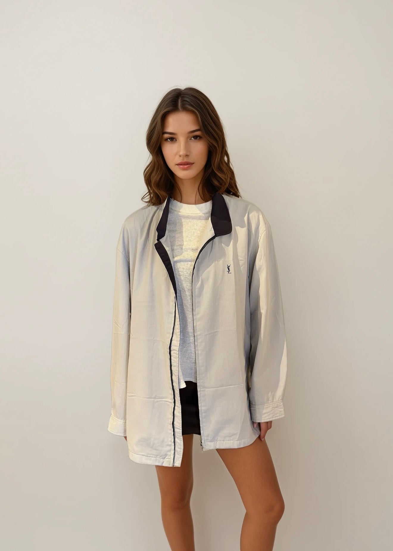 YSL Light Grey Windbreaker Bomber with Navy Logo