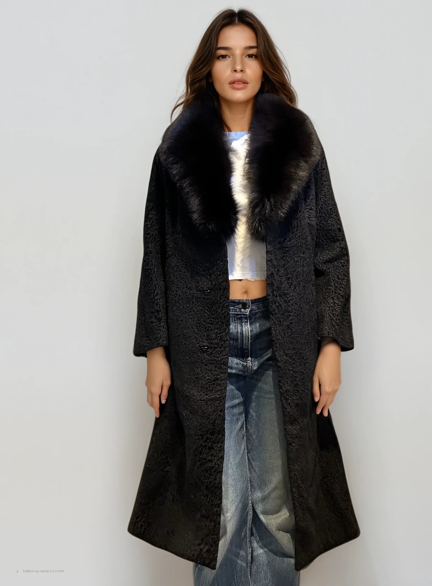 Black Printed Coat With Brown Fur Collar