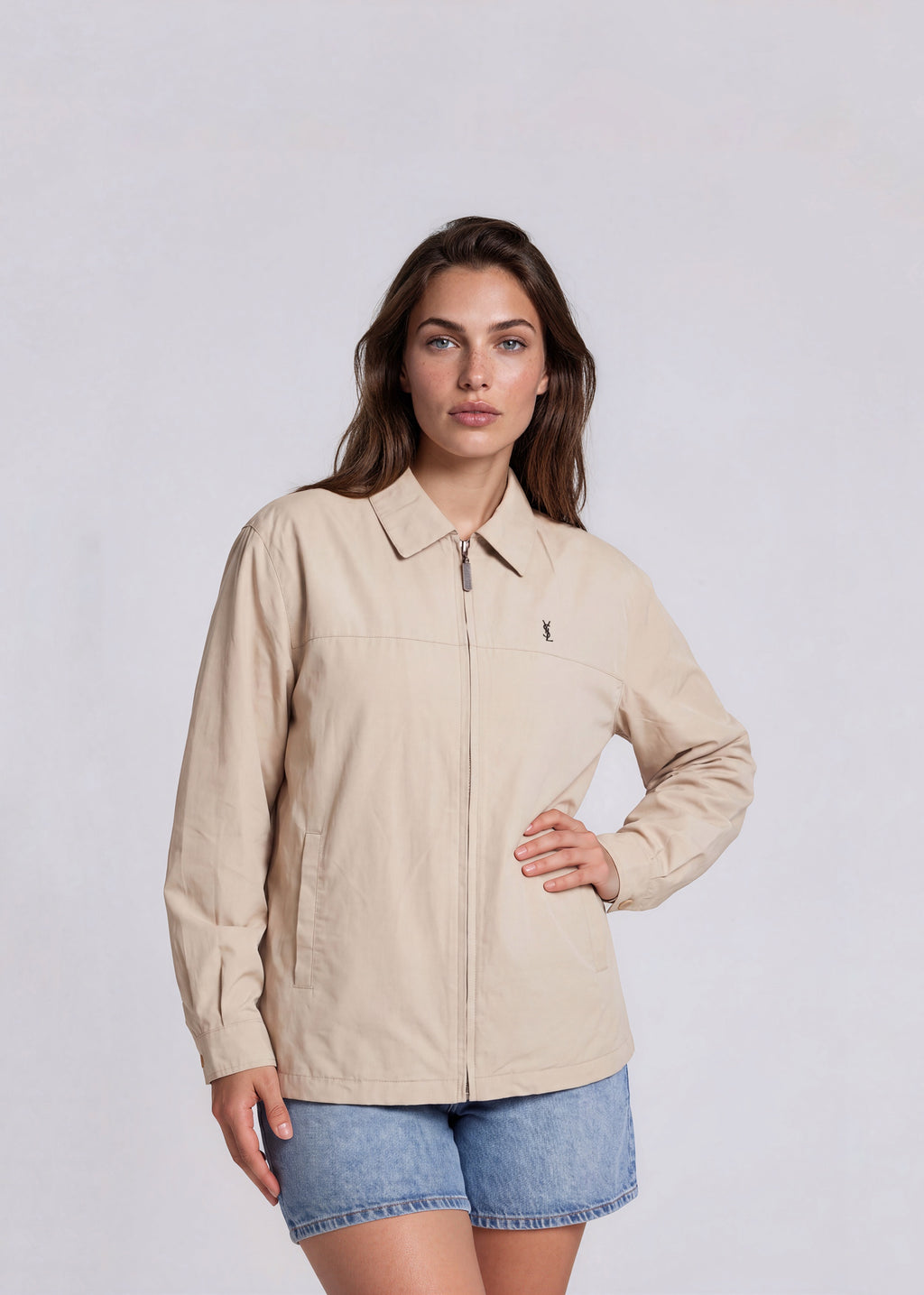 YSL Beige Classic Collared Bomber with Navy Logo