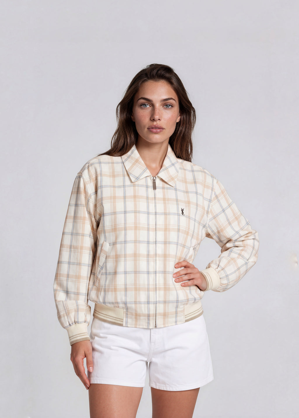 YSL Cream Plaid Collared Bomber