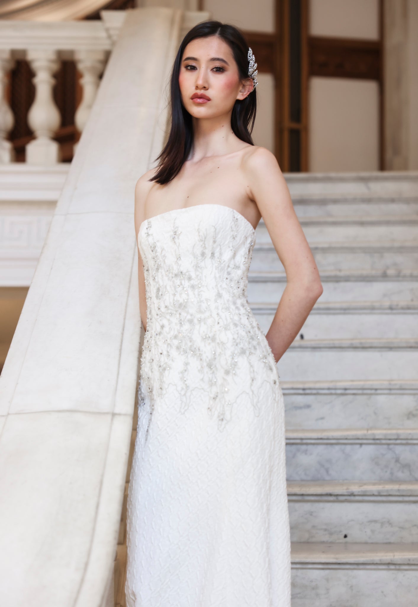White Strapless Embroidered Gown