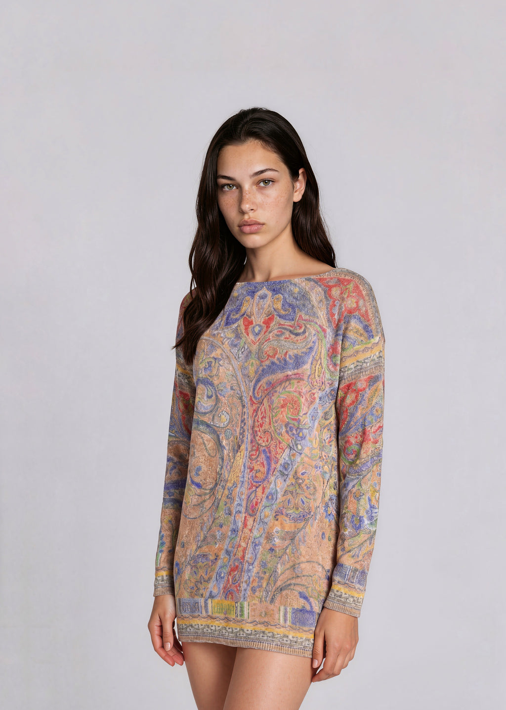 Etro Blue and Red Paisley Printed Long Sleeve Mini Dress